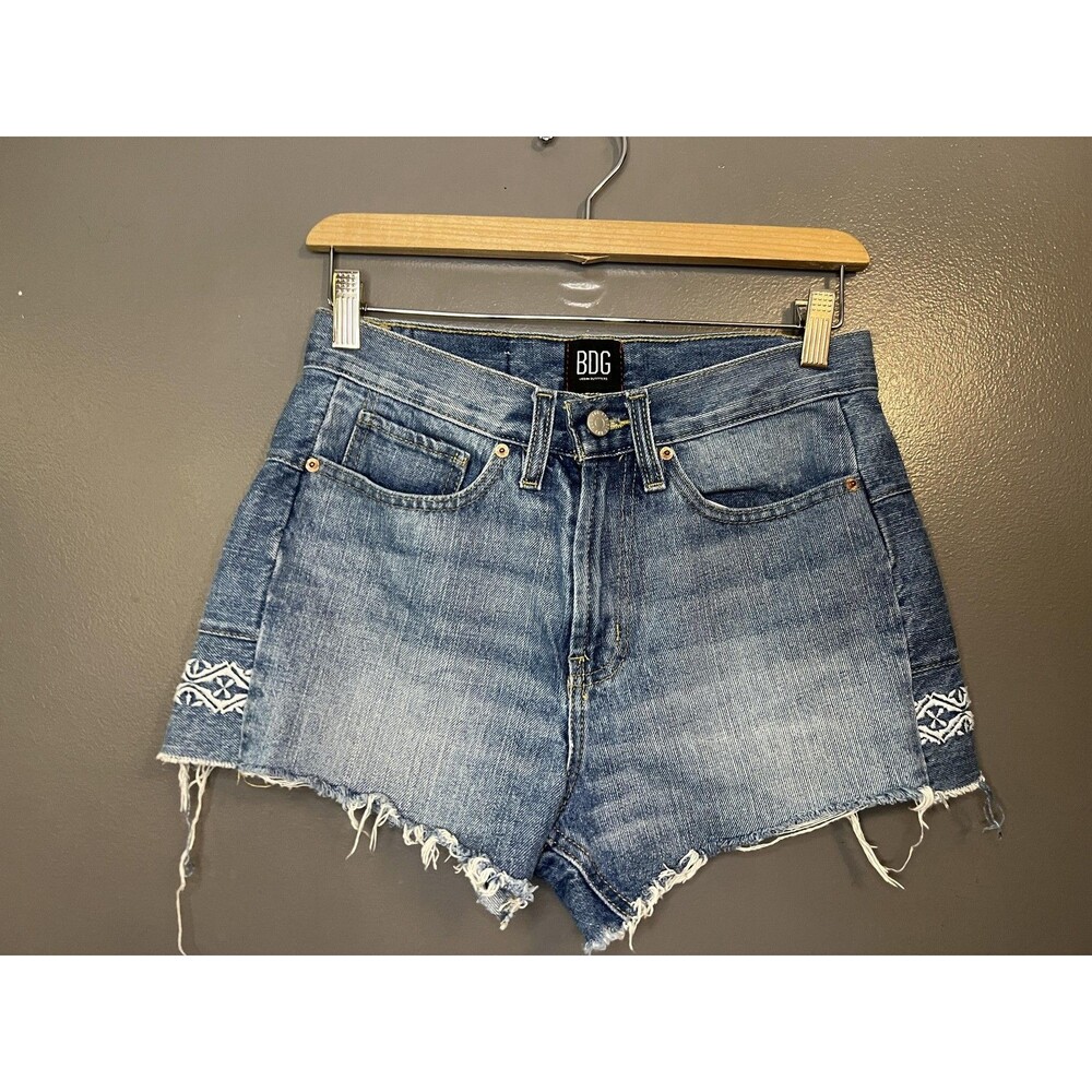 BDG Denim Shorts Womens 26 Blue High Rise Girlfriend Cutoff Embroidered Hem